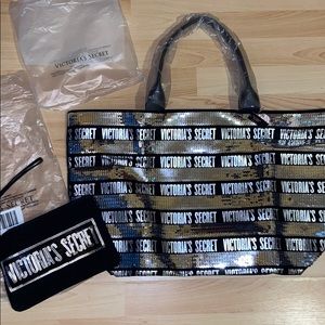 VS black tote with makeup clutch